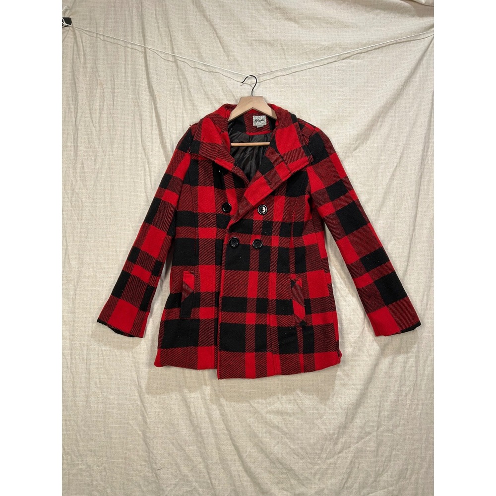 Event‎ Womens Red Black Buffalo Plaid Pea Coat Jacket Large With Belt #2145